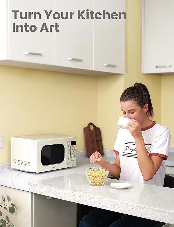 COMFEE' Retro Small Microwave Oven With Compact Size, 9 Preset Menus, Position-Memory Turntable, Mute Function, Countertop Perfect For Spaces, 0.7 Cu Ft/700W, Cream, AM720C2RA-A