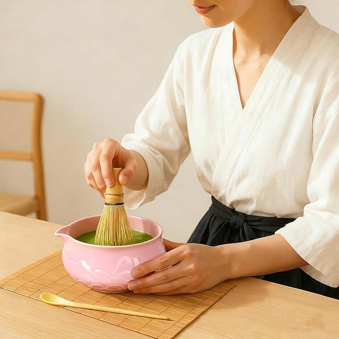 8 Pcs Matcha Whisk Set with Ceramic Bowl, Scoop Rest, Sifter, Tea Mat, Greeting Card, Whisk Holder, Bamboo Whisk and Scoop, Perfect Present for Friend Family Matcha Tea Lovers, Ceremony Kit