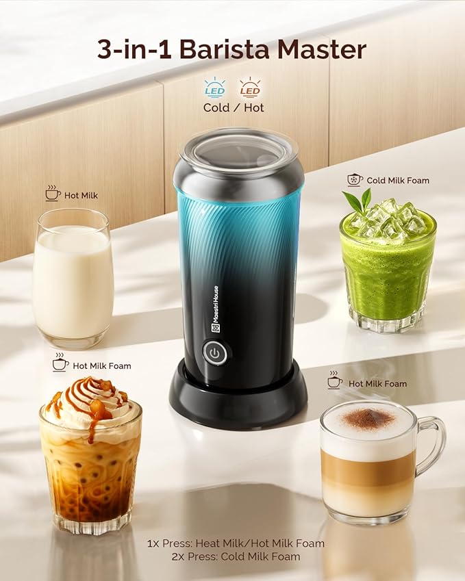 Maestri House Milk Frother, 3-in-1 Hot & Cold Mik Frothing Steamer, 8.12OZ/240ML Touch Control Foam Maker, Compact Space-saving Design for Latte, Cappuccino and Warm Milk