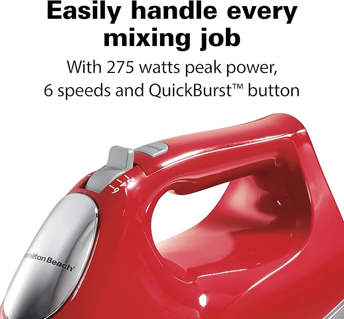 Hamilton Beach 6-Speed Electric Hand Mixer with Whisk, Traditional Beaters, Dough Hooks, Snap-On Storage Case, 275 Watts, Red