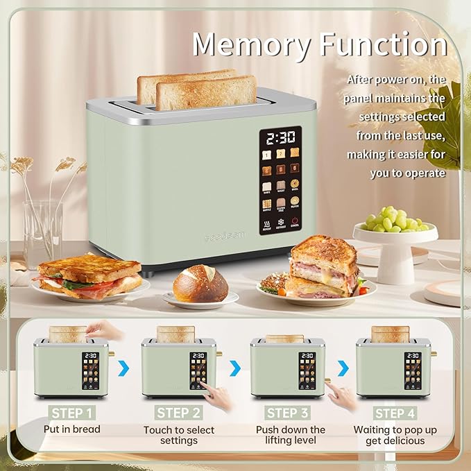 SEEDEEM Toaster 2 Slice, Touch Control Screen, Smart Stainless Toaster, 6 Shade Setting, 6 Bread Selection, Countdown, Removable Crumb Tray, 900W, Mint Green
