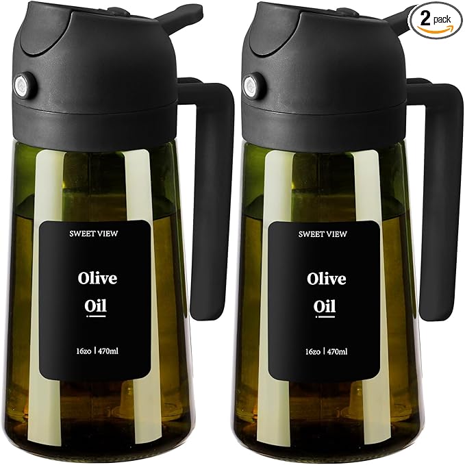 2PCS Olive Oil Dispenser and Oil Sprayer – 16oz/470ml Glass Light-Proof Oil Pourer for Kitchen, Air Fryer, Cooking, Salad, and BBQ