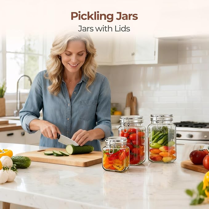 ComSaf Airtight Glass Canister Set of 3 with Lids 50oz Clear Food Storage Jars Square, Kitchen & Pantry Organization Food Storage Container for Canning, Sugar, Flour, Pasta, Candy, Cereal, Coffee