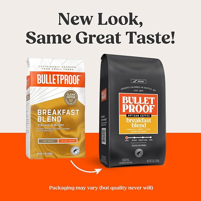 Bulletproof Breakfast Blend Light Roast Ground Coffee, 12 Ounces, Clean Coffee Tested for Toxins, Packaging May Vary