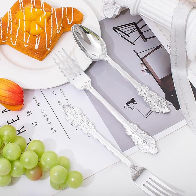 BUCLA 200PCS Silver Plastic Forks and Spoons - Plastic Silverware Baroque - Disposable Silverware Heavy Duty - 100PCS Silver Forks and 100PCS Spoons for Weddings, Christmas and Party