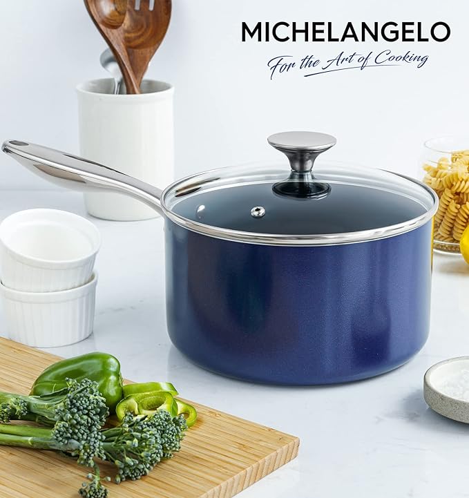 MICHELANGELO 4 Quart Saucepan with Lid, Nonstick Ceramic Sauce Pan with Stainless Steel Handle, 4 Qt Saucepan with Lid Induction Compatible, Oven Safe, Blue