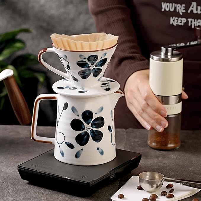 Ceramic Pour Over Coffee Maker Set, Ceramic Coffee Dripper with Single Hole, Coffee Pot & 100 Paper Filters for Home, Travel, Camping (1-4 Cup)