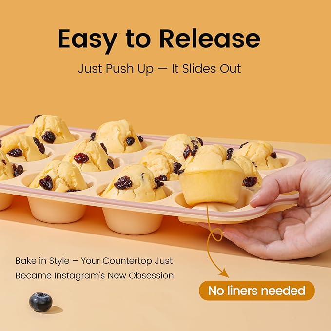 Silicone Muffin Pans for Baking 1 Pack, 2.6 Inch with Metal Reinforced Frame, Regular Size Nonstick Silicone Cupcake Pan for Baking Homemade Muffins, Cupcakes, Dishwasher Safe BPA Free-Yellow