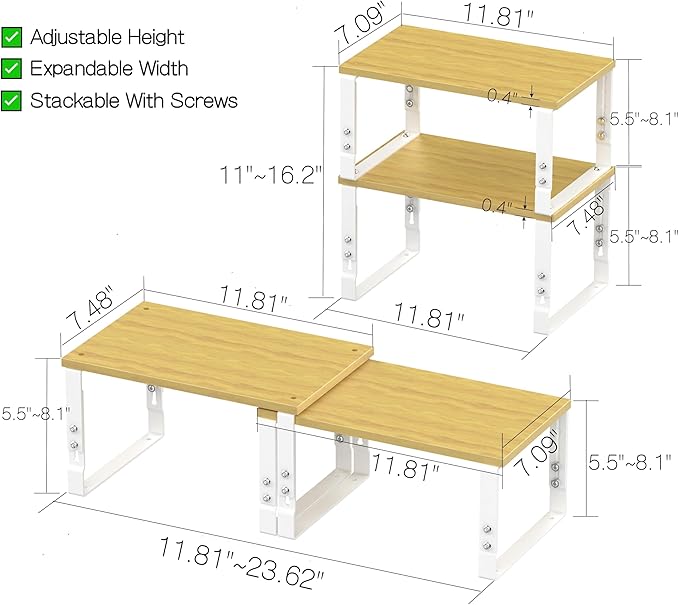 Adjustable Storage Shelves for Kitchen Cabinet Organization - Set of 2 Stackable Metal & Solid Wood Racks, Space-Saving Design for Countertop/Pantry/Garage, Easy Assembly(1 Pack/Medium/White)