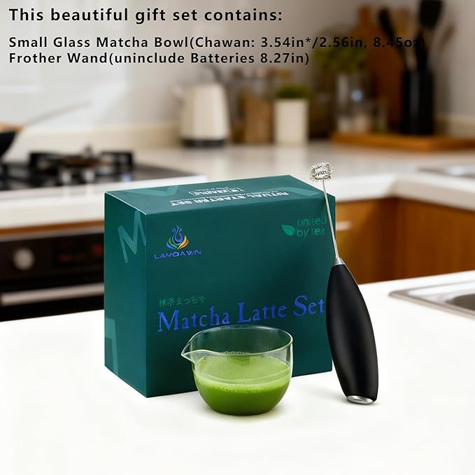 Small Matcha Set 2 Pcs - Matcha Whisk Set includes Milk Frother Wand(uninclude Batteries) and Bowl, The Perfect Matcha set for Green Tea (Glass-1)