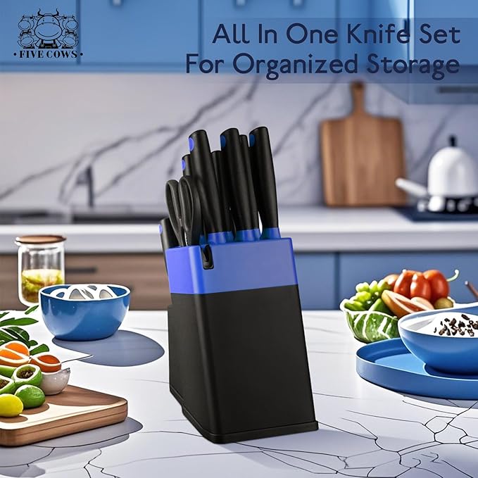 14 Pcs Kitchen Knife Block Set with Sharpener German High Carbon Stainless Steel Chef Knives, Razor-Sharp & Durable, Lightweight Anti-Slip Handle, Professional Set for Home & Kitchen (Blue)