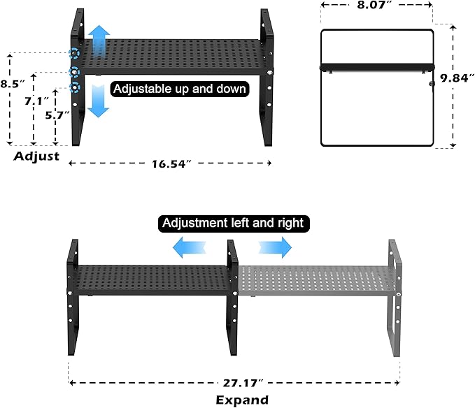 Expandable Counter Shelf, Adjustable Height Spice Rack Metal Mesh Board Shelf Organization for Kitchen Pantry Bathroom Office -Black