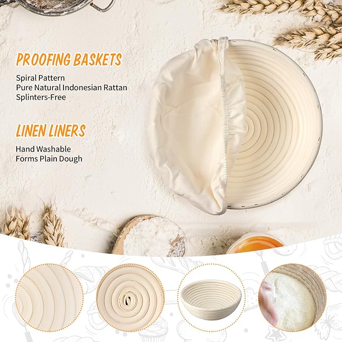 Proofing Basket - 9 inch Banneton Bread Proofing Baskets Set of 2 Banneton Basket Sourdough Proofing Bowls with Liners for Professional & Home Artisan Sourdough Bread Baking Supplies