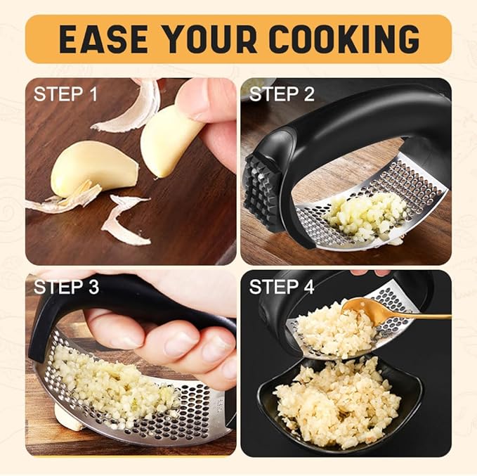 Stainless Steel Garlic Press Rocker, 2025 New Garlic Mincer and Garlic Crusher, Easy-Squeeze Garlic Tool with Peeler and Cleaning Brush for Smashing Garlic (3 Set)