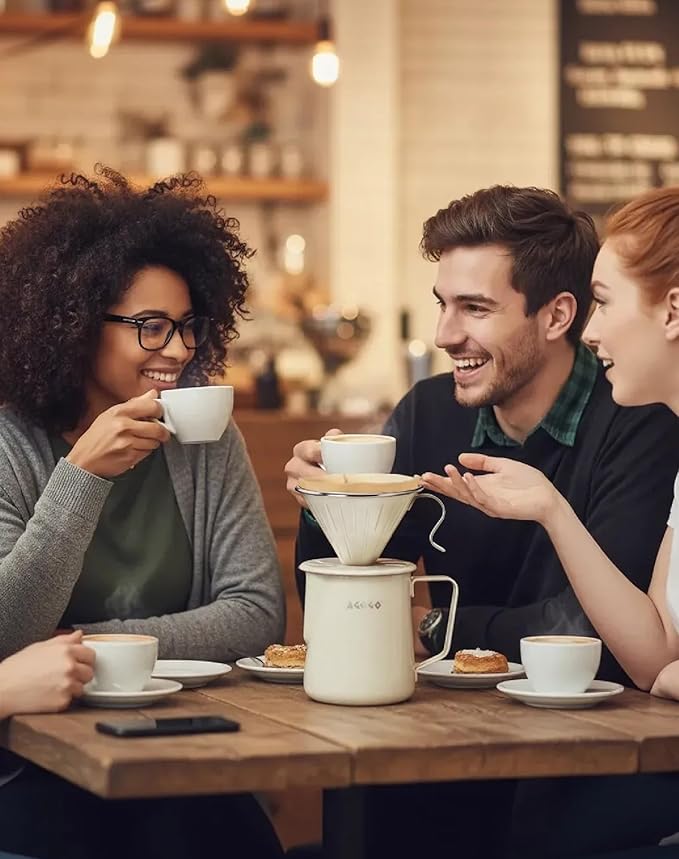 AGOGO Compact Portable Pour Over Coffee Maker Set - Easy Cleaning 304 Stainless Steel Dripper Set for Camping & 50 Filters Paper & Cleaning Rag (Cream, 600ml)