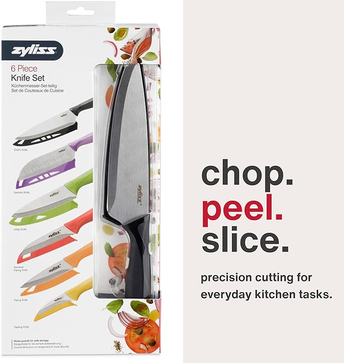 Zyliss 6 Piece Knife Value Set - Kitchen Knife Set with Sheath Covers - Chef's, Santoku, Utility, Serrated Paring, Paring & Peeling Knives - Stainless Steel