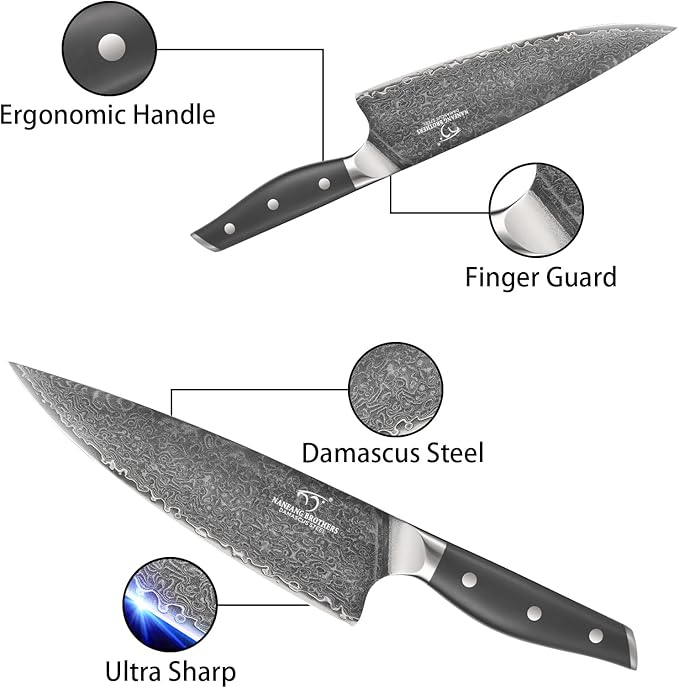 NF NANFANG BROTHERS Damascus Kitchen Knife Set, 7-Piece with Block, ABS Ergonomic Handle, Carving Fork, Disconnect-type Knife Block (Grey)