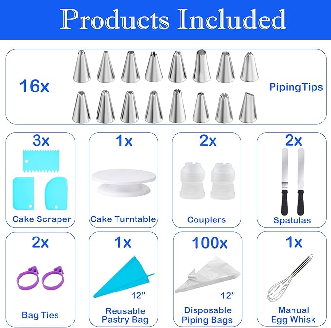 124 PCS Cake Decorating Kit with Cake Stand Turntable, Piping Bags and Tips Set, 100+1 Piping Bags, 12 Icing Piping Tips, 3 Scrapers, 2 Spatulas, Manual Egg Whisk, Baking Supplies for Cake Lovers