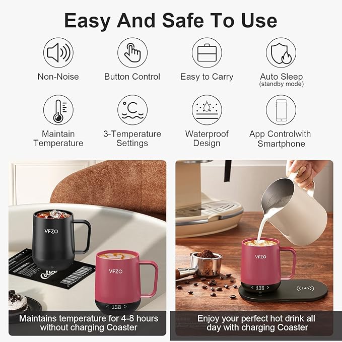 Temperature Control Smart Mug, Self Heating Coffee Mug LED Display, 180 Min Battery Life - Hot up to 149℉ Fast Wireless Charger Base Improved Design coffee serving sets(12oz, Dusty Rose)