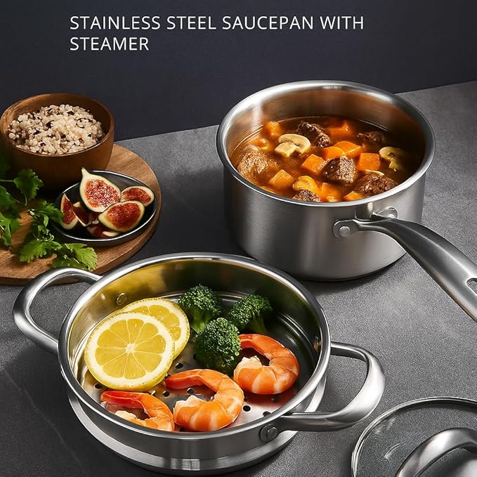 Stainless Steel Small Brushed Saucepan With Lid, Induction Cooking Sauce Pot Pans, 18/10 Tri-Ply Heavy Bottom Saucier Cookware, Dishwasher Safe & Oven Safe (1.5QT)