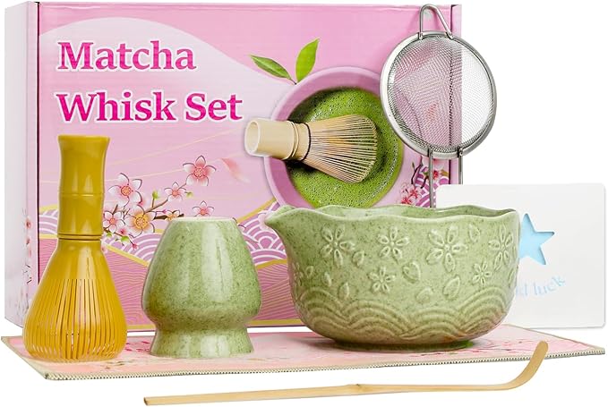 6pcs Matcha Whisk Set Includes Resin Matcha Whisk,Ceramic Matcha Bowl Set and Sifter,Matcha Whisks Holder,Natural Bamboo Spoon and Tea Towel for Matcha Starter Kit Lovers (Mottled Green)