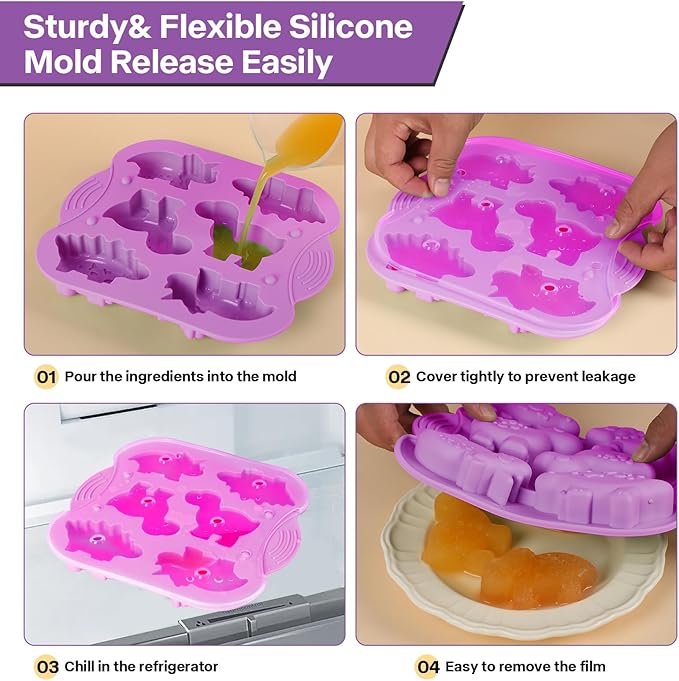 2-Pack Silicone Dinosaur Molds with Lids, Purple Dinosaur Silicone Molds for Chocolate, Baking & Crafting, Multi-Purpose Jello Molds for Kids, Candy, Ice Cubes, Crayons