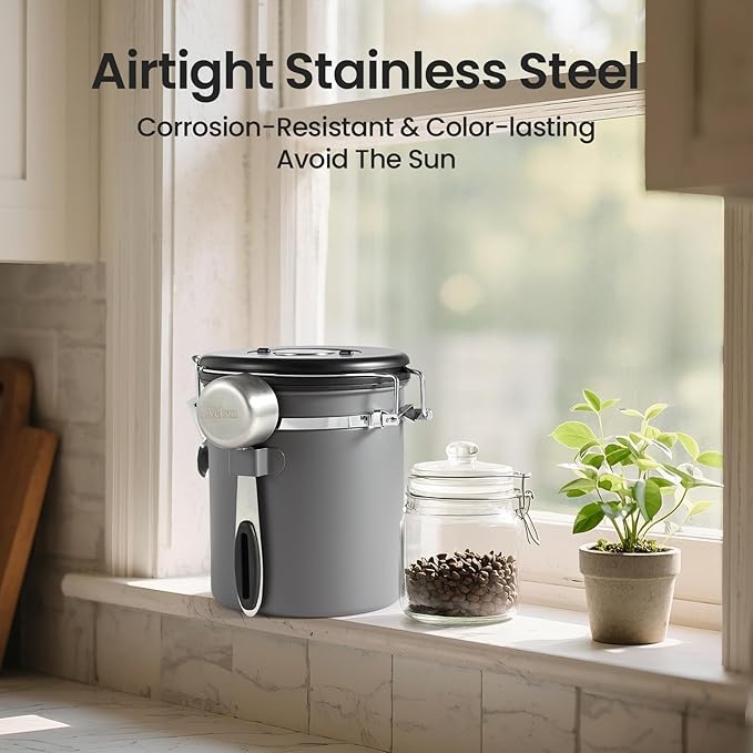 Veken Coffee Canister, Airtight Stainless Steel Kitchen Food Storage Container with Date Tracker and Scoop for Beans, Grounds, Tea, Flour, Cereal, Sugar, 16OZ, Gray