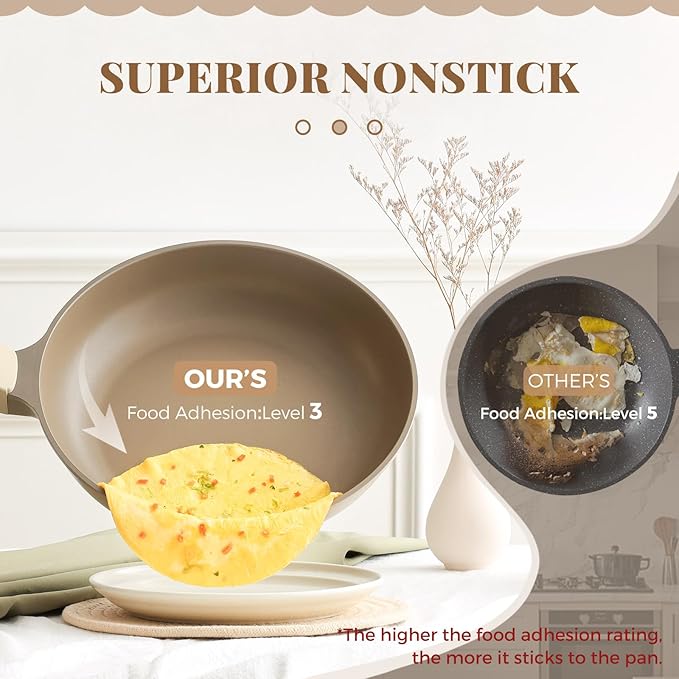 PRICUSIS Nonstick Frying Pan with Lid, Healthy Skillet, Egg Pan Nonstick Omelet Pan Chef's Pan, PFOA & PTFE Free, Induction Compatible (10 Inch W/L Natural Linen)