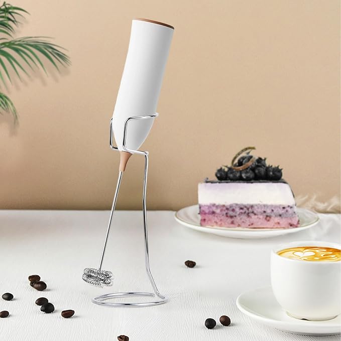 Electric Milk Frother-Handheld Drink Mixer - Electric Whisk Foam Maker for Coffee, Lattes, Cappuccino, Matcha, Hot Chocolate & Creamer (Stand with USB Rechargeable, white)