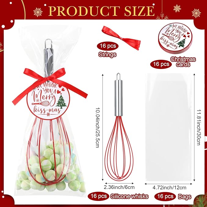 16 Sets 10 Inch Christmas Whisks Gifts DIY Fillable Christmas Tree Ornaments Xmas Colored Silicone Whisks for Cooking Heat Resistant Egg Beaters with Card Rope Bag for Candy Holder