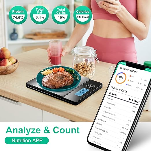 URAMAZ Smart Food Scales for Kitchen, Stainless Steel Digital Food Scale Grams and Ounces with Nutritional Calculator App, Food Weight Scale for Weight Loss, Calorie, Diet, Meal Prep 0.1oz / 11lb