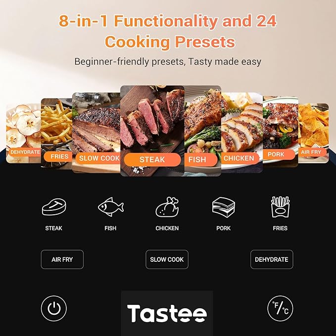 Tastee Ceramic Air Fryer, 8-in-1 Compact 5.5QT AirFryers, 450°F Digital Airfryer Dehydrator with Smart Probe, 24 Presets One-touch Cooking, In-app Recipes with Window, Dishwasher-safe & Non-stick