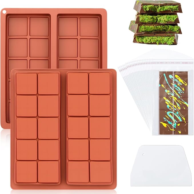 Chocolate Bar Molds Silicone 2-Pack, Large 8.1x7.1 Inch Deep Cavity with 100 Storage Bags & Scraper Tool Kit - Food-Grade BPA-Free for Thick Filled Homemade Candy, Energy Bars, Gifting