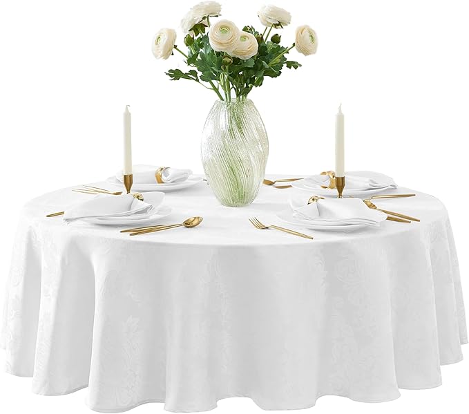 Newbridge Barcelona Luxury Damask Fabric Tablecloth, 108” Round, White, 100% Polyester, No Iron, Soil Resistant Dining Room, Party and Banquet Table Cover