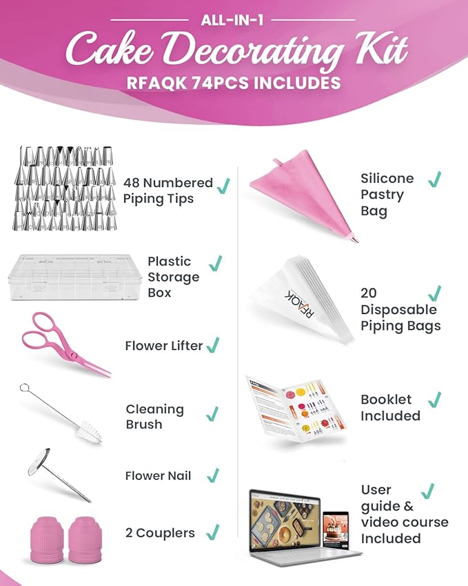 RFAQK 74 PCs Icing Piping Bags and Tips Set, Cake Decorating Kit with 48-Numbered Piping Tips, 20+1 Pastry Bags for Cookie Cupcake Cake Decoration, with Booklet and E-book (Pink)