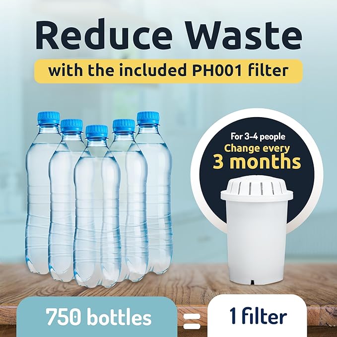 Invigorated Water pH Recharge Alkaline Water Filter Dispenser – BPA-Free Glass Countertop Water Filter Pitcher Purifier for Home & Office, 36-Cup Capacity, 360L Long Filter Life (Acacia/Marble)