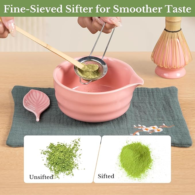 Matcha Whisk Set, Traditional Matcha Kit Includes Matcha Bowl, Bamboo Whisk with Holder, Scoop, Scoop Rest, Sifter, and Tea Cloth – 7 Piece Matcha Gift Set for Tea Enthusiasts