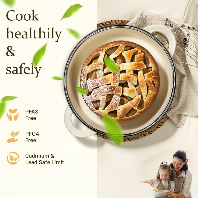Overmont Enameled Cast Iron Dutch Oven - 7QT Pot with Lid Cookbook & Cotton Potholders - Heavy-Duty Cookware for Braising, Stews, Roasting, Bread Baking Cream White