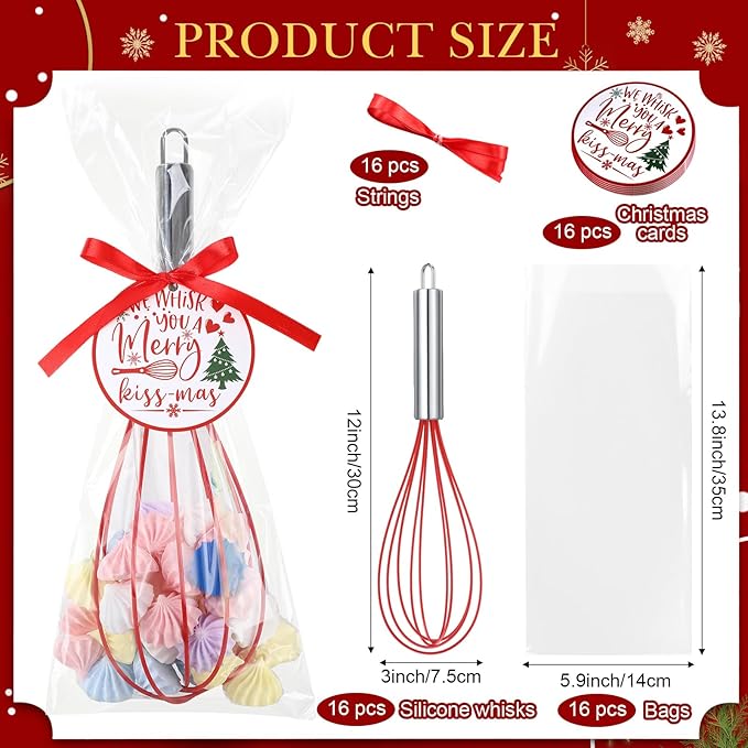 16 Sets 12 Inch Christmas Whisks Gifts DIY Fillable Christmas Tree Ornaments Xmas Colored Silicone Whisks for Cooking Heat Resistant Egg Beaters with Card Rope Bag for Candy Holder