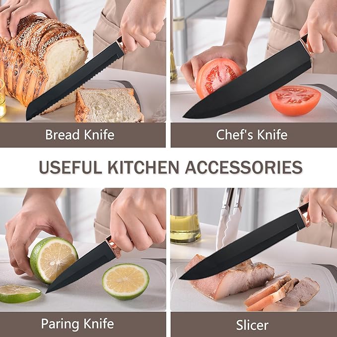 Cooking Utensils Set,19 Kitchen Set Utensils Set with 11 Pieces Spatula Cooking Utensils,Heat Resistant Silicone Utensils 6 Piece Sharp Knife Set 2 Pieces Utensil Cutting Board (Black 19 PCS Set)