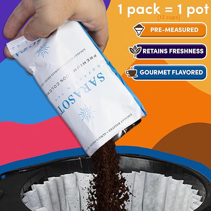 Sarasota Bulk Coffee Packs Ground Packets | Medium, Dark, Colombian, & Flavored Roast Variety | Gourmet Assorted Gift Sampler | Low Acid Pouches for 12 Cup Coffee Maker | 1.75 Oz Bags, 100 Count