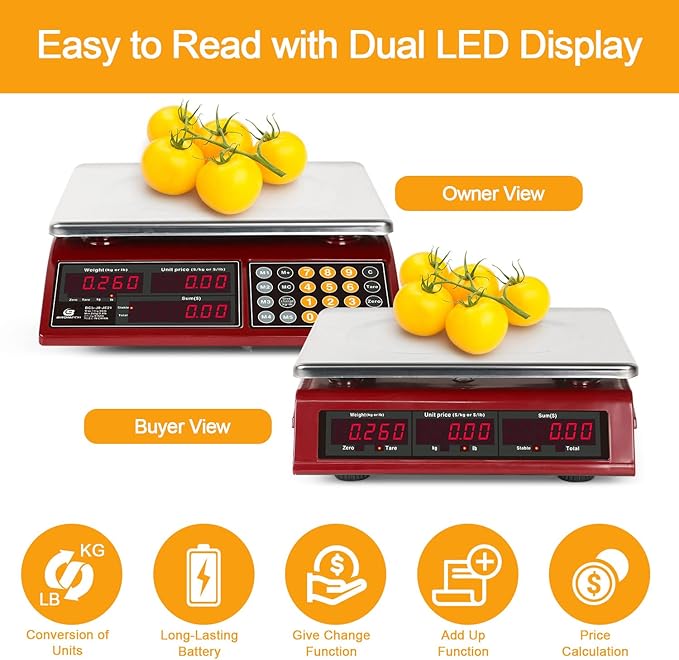 Price Computing Scale 66lb Digital Rechargeable Commercial Kitchen Weight for Produce Food Meat Fruit Vegetable with Dual Display, Give Change Function, 5 Direct Plus Included, Not for Trade