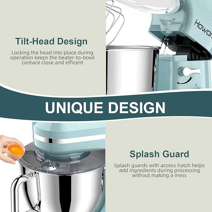 HOWORK Electric Stand Mixer,10+p Speeds With 6.5QT Stainless Steel Bowl,Dough Hook, Wire Whip & Beater,for Most Home Cooks,Blue