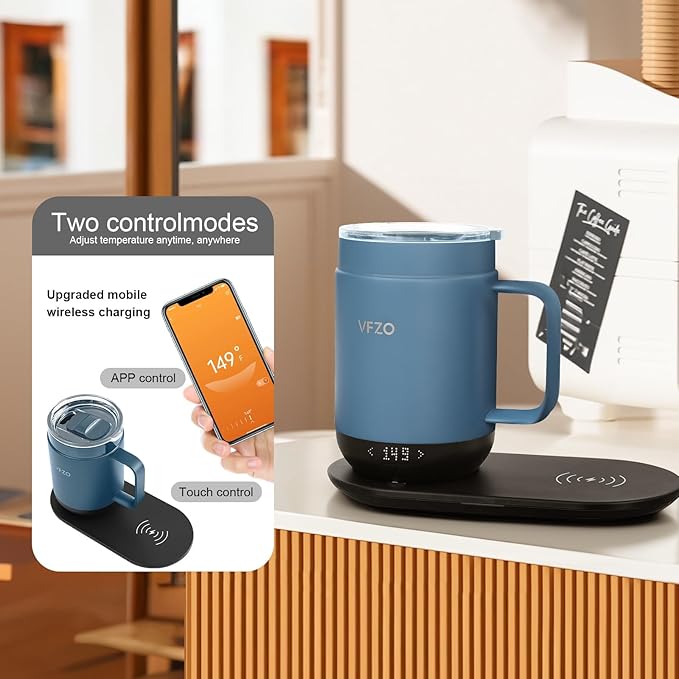 16Oz Temperature Control Smart Mug, Self Heating Coffee Mug LED Display, 180 Min Battery Life - Hot up to 149℉ Fast Wireless Charger Base Improved Design coffee serving sets mug(16oz, Slate Blue)
