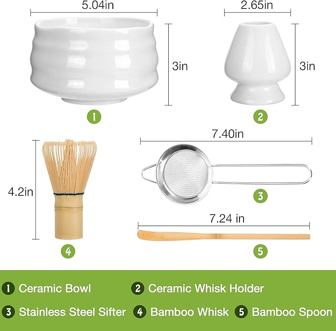 Matcha Whisk Set- Matcha Set includes Matcha Bowl, Sifter, Holder and Scoop- The Perfect Bamboo Whisk for Matcha Tea (White)