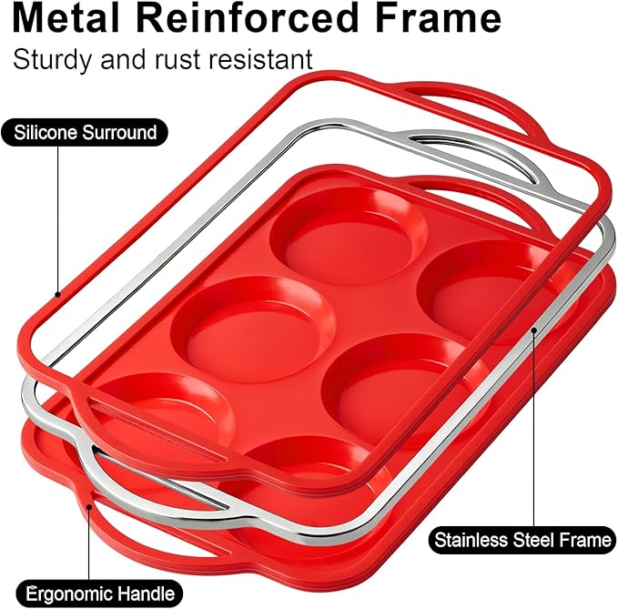 2 Pack 4 Inch Silicone Egg Molds for Breakfast Sandwiches with Metal Frames, Jumbo Size Muffin Top Pans, Silicone Egg Bite Baking Trays, BPA Free & Non-Stick