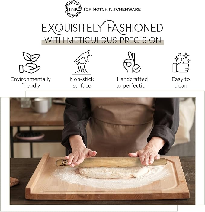 Top Notch Kitchenware | Sugar Maple French Style Rolling Pin | Tapered Solid Wood Design | Perfect for Baking Enthusiasts | Dough Roller | USA Made