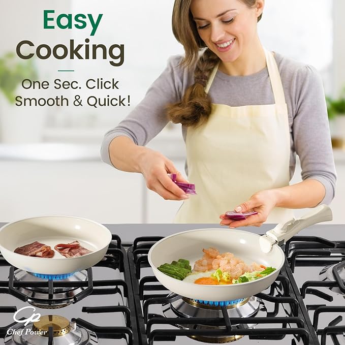Chef Power Ceramic Nonstick Cookware Set 5 Piece with Detachable Handle, Induction Dishwasher Oven Safe Pans and Pots Set, RV Kicthen Set Removable Handle, Cream White