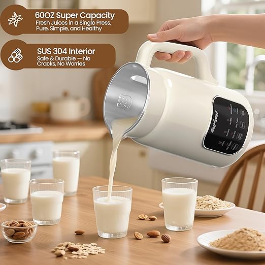 60oz Nut Milk Maker Machine: 8 in 1 Soy Milk Maker with Delay Start/Keep Warm/Self Clean, Food Processor for Soy/Nut/Oat Milk, Juice, Milkshake, Rice Paste and Boil Water, Kitchen Blender