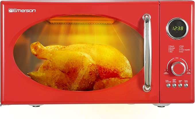 Emerson MWRG0901RD Retro Compact Countertop 800W Microwave Oven with 1,000W Grill Function, LED Display 5 Power Levels, 8 Auto Menus, Glass Turntable and Child Safe Lock, 0.9 Cu. Ft, Red